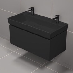 Double Floating Black Bathroom Vanity, Modern, 40 inch